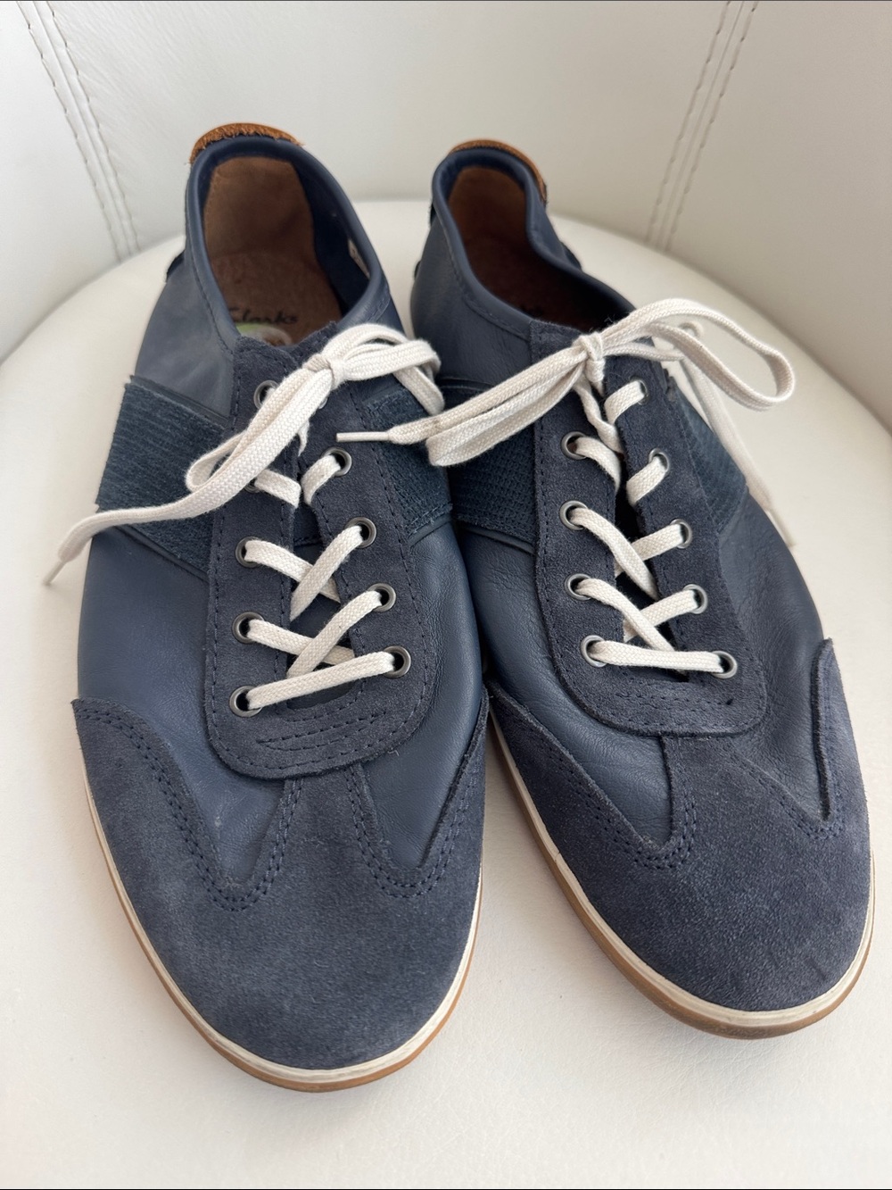 Clarks Navy Leather and Suede Sneakers with Cream Laces